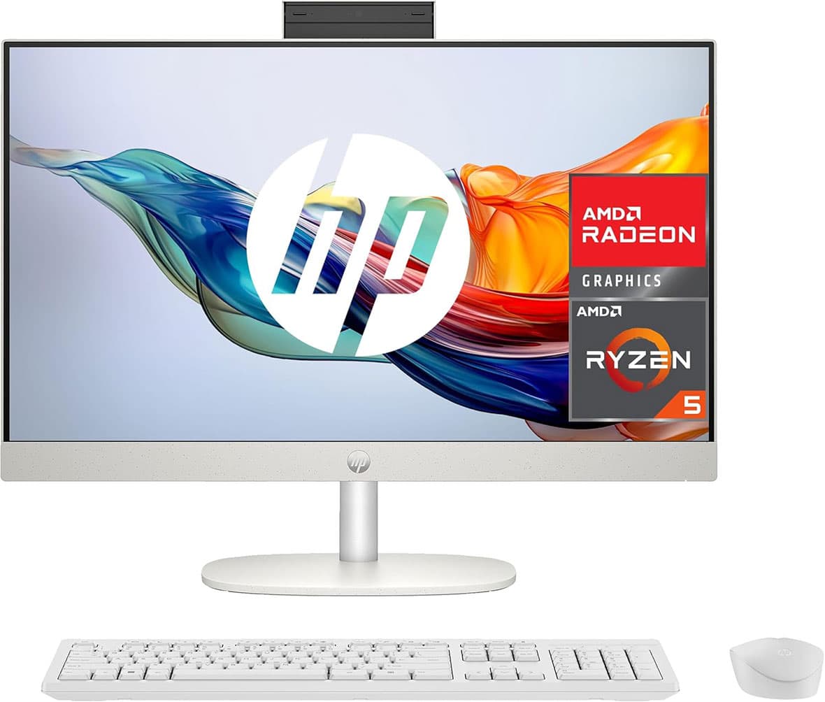 HP 27-CR0008SS All-in-One 27'' Full HD, AMD Ryzen 5 7520U, 16 GB RAM, 512 SSD, AMD Radeon Graphics, FREEDOS, con Camera, Tastiera e Mouse Wireless, Bianco