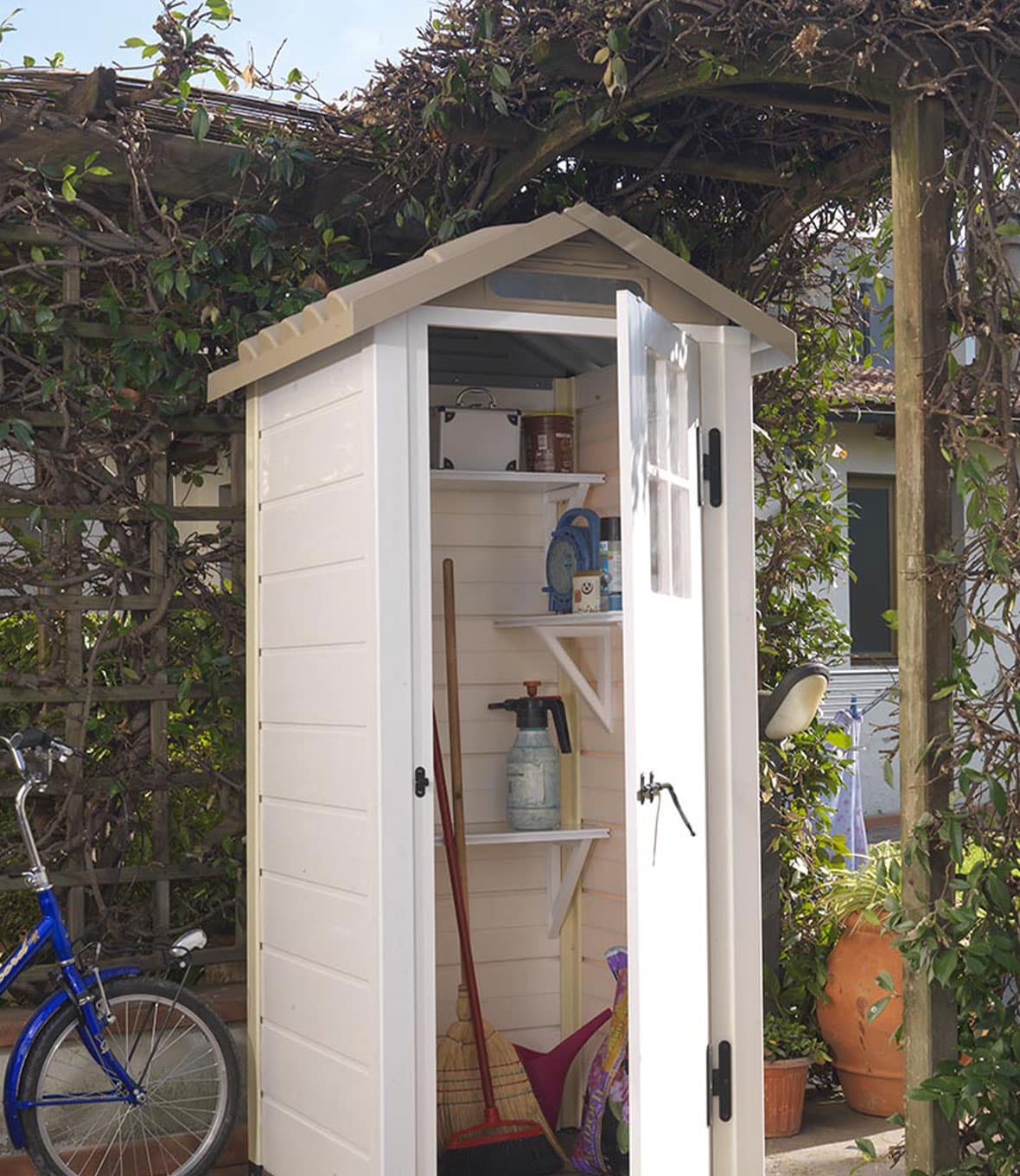 TUSCANY EVO 80 Garofalo | Casetta Giardino Bianca in Pvc Tetto Beige, 1 Porta, 1 Finestra