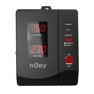 NJOY Alvis 2000 Stabilizzatore di Tensione 2000VA AVR 1200W Monofase - Display Digitale - 2 Uscite Schuko - 1200 Watt - Dispositivo di Protezione di Tensione 230V