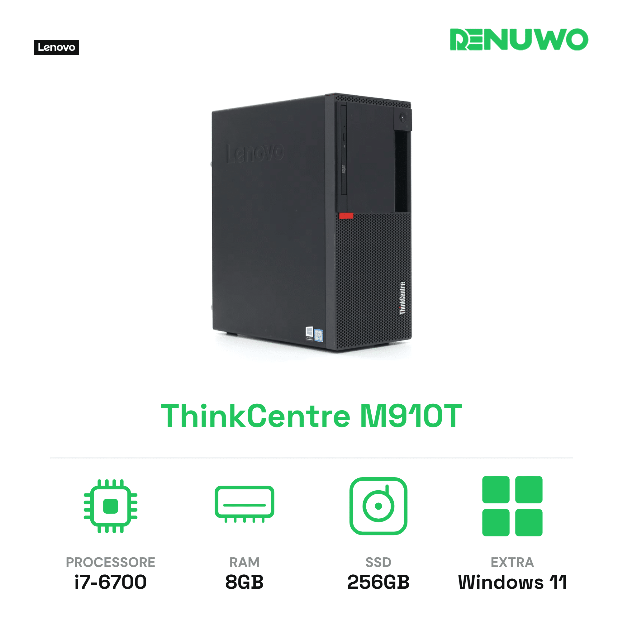 Desktop Lenovo ThinkCentre M910t  Intel Core i7 - 6ª generazione 8GB SSD M.2 NVMe 256GB Ricondizionato Grado A