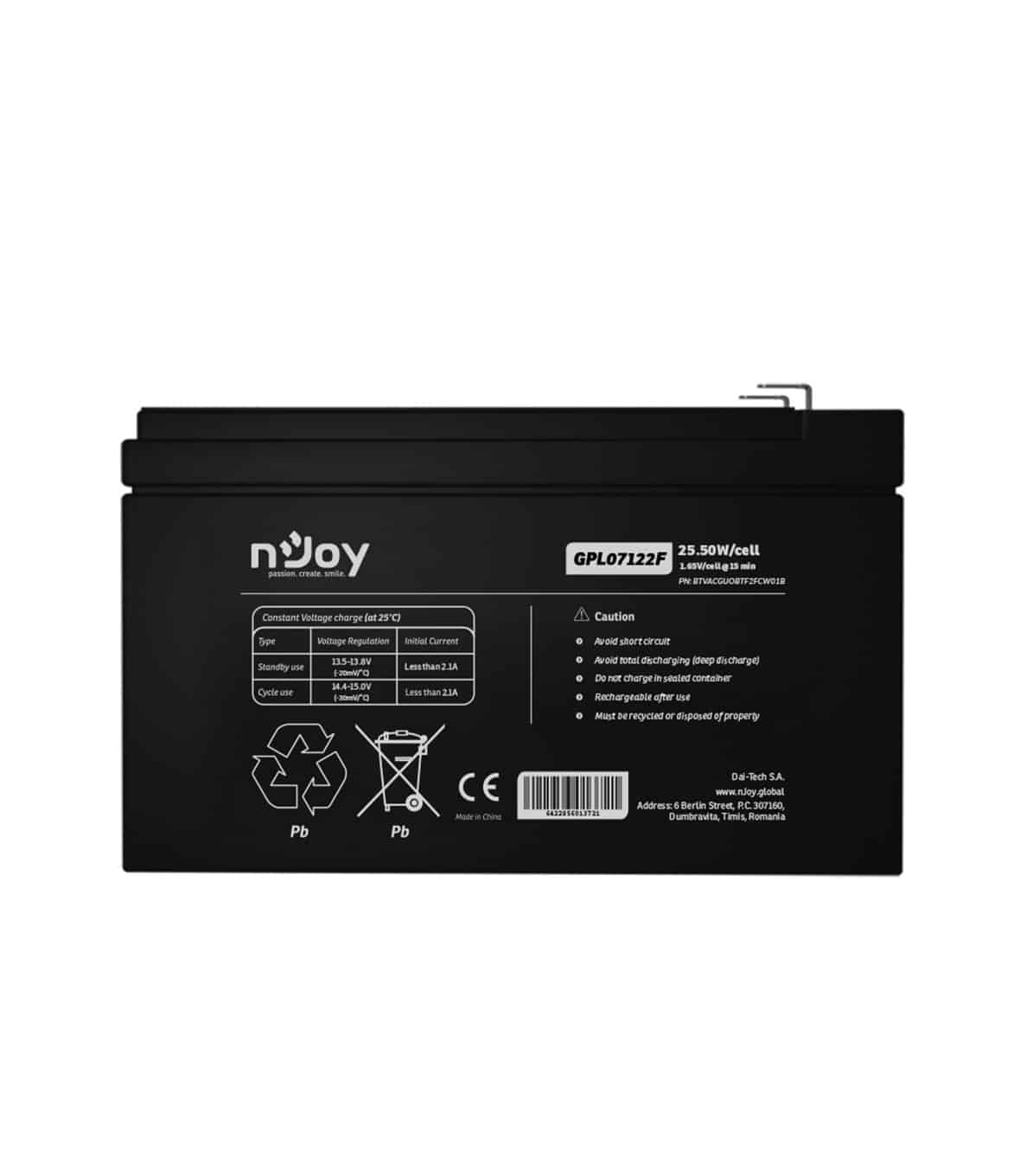 nJoy Batteria Ermetica al Piombo VRLA Ricaricabile 12 V 7 Ah