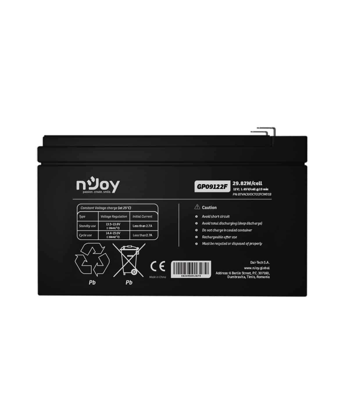 nJoy Batteria Ermetica al Piombo VRLA Ricaricabile 12 V 9 Ah