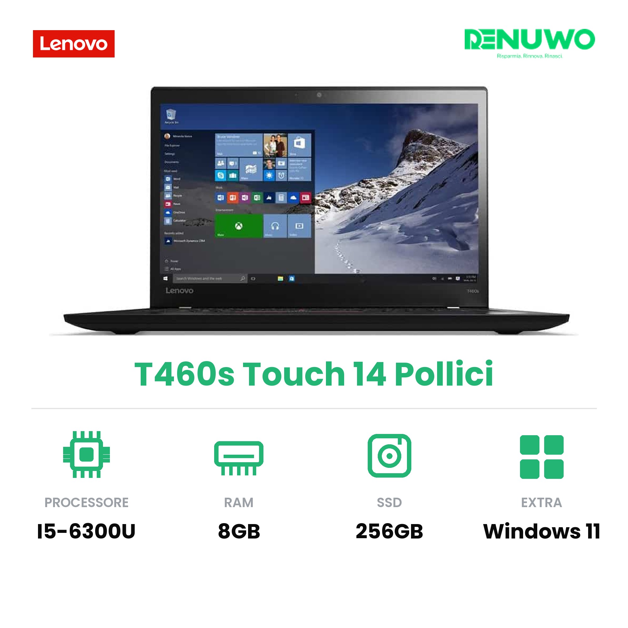Notebook Lenovo T460s Touch Ricondizionato Grado B – i5-6300U 8GB SSD 256GB 14"